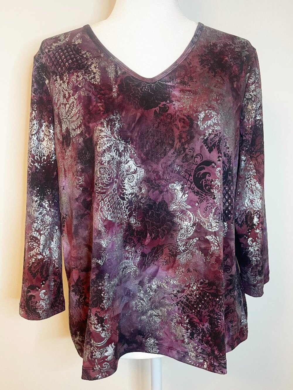 White Stag Whimsigoth Purple Maroon Metallic Floral Paisley Top Women’s L 12/14